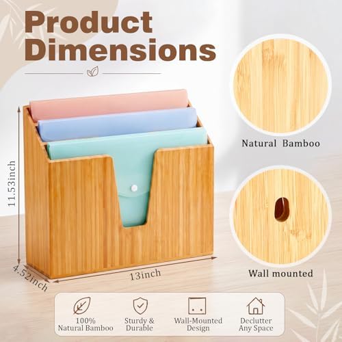 Suzile Bamboo Wall Mounted File Folder Holder Organizer, 3-tier Vertical File Organizer Wooden Sorter Rack for Office, Home, Desktop, Desk Letter Mail Document Storage, 13" x 4.5" x 11.5" - Image 2