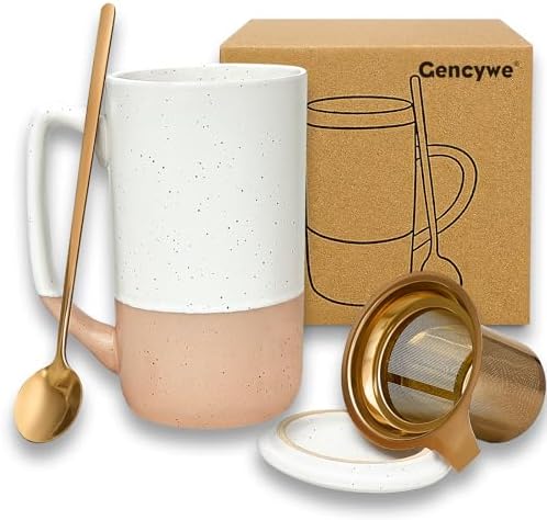 Gencywe Ceramics Large Tea Cup with Loose Leaf Infuser, Spoon and Lid, 16 oz Tall Coffee Mug, Microwave and Dishwasher Safe, Rustic Matte Ceramic Glaze, Tea Strainer (Pink) by Gencywe