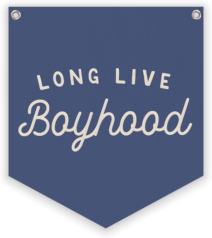 Lacama Vintage Room Decor,Long Live Boyhood Linen Banner,Boy Bedroom Wall Hanging Banner Pennant Flag Decor for Nursery Playroom Toddler Nursery Decor Kids Room,12.4x14 in(Navy blue)