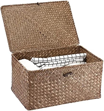 Hipiwe Wicker Shelf Baskets Bin with Lid Large Handwoven Basket Box, Coffee by Hipiwe