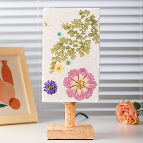 Dried Flowers Table Lamp 5W LED 3Color Temperatures Pressed Flower Bedside Lamp Square Linen Shade with Wood Base for Bedroom Living Room - Image 4