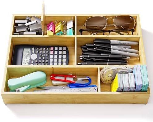 Bamboo Drawer Organizer with 9 Adjustable Compartments, Desk Storage Tray by VA1KENE