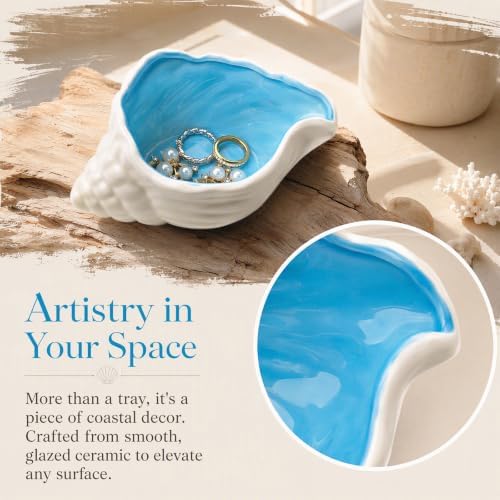 Conch Shell Jewelry Dish Ceramic, Blue Coastal Decor Jewelry Tray, Shell Trinket Dish for Rings Earrings, Ocean Themed Vanity Tray Jewelry Organizer for Bedroom Bathroom Desk, Gift for Women - Image 3