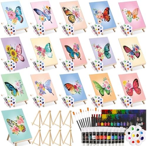 Cholemy 99 Pcs 16 Set Sip and Paint Kit for Adults 8"x 10" Pre Drawn Canvas Painting with Wooden Easel Pre Printed Canvas Painting Favor for DIY Birthday Gifts Adult's Date Party (Butterfly) by Cholemy