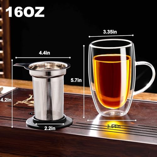 Baalaka Tea Infuser Mug, 16 fl oz Double-Wall Glass for Loose Leaf Tea (Pack of 4) - Image 2