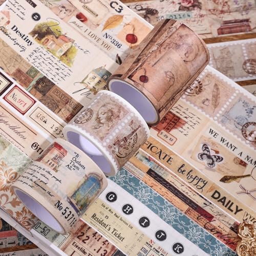 34 Rolls Vintage Washi Tape Set,Letter Map Stamp Stripe Literature Art Writable Aesthetic Washy Decorative Tapes for Scrapbooking, Junk Journal Supplies, Bullet Journaling 5-50mm Wide (3m Long)/Roll - Image 6