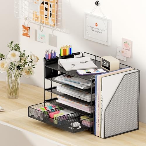OPNICE Desk Organizer, 5-Tier Desktop File Organizer with Drawer and Pen Holders, Office Desk Accessories, File Sorters, Workspace Organizers for Office Supplies(Black) - Image 6