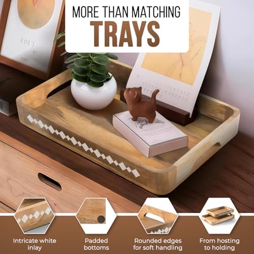 Mela Artisans Rounded Mango Wood Serving Tray Set - Natural, 15" and 13.5" - Image 4