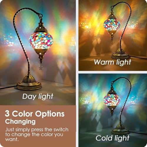 Yarra-Decor Turkish Moroccan Lamp with Bronze Base 3 Color Options Handmade Swan Neck Mosaic Glass Bedside Lamps for Bedroom (LED Bulb Included)(Colorful3) - Image 2