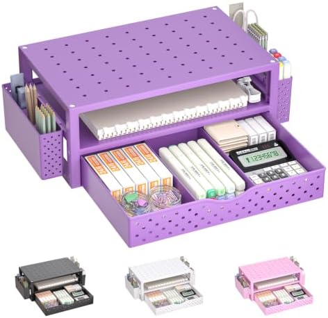 WALI Desk Organizer with Drawer and Pen Holder, 3 Tier Computer Monitor Stand for Home Office Supplies, Laptop Stand Riser for Computer, Laptop, Printer(PTT004-V), 1 Pack, Purple by WALI