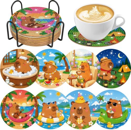 CRASHOT Capybara Diamond Art Painting Coasters Kit with Holder, 8 Pcs by CRASHOT