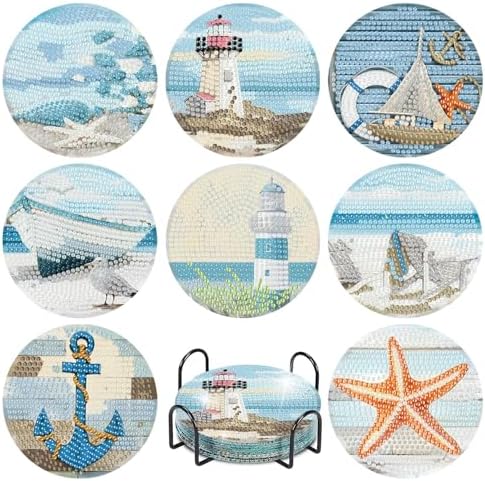 askkqtx 8 Pcs Beach Diamond Art Coasters Kits with Holder 4X4 Inch by askkqtx
