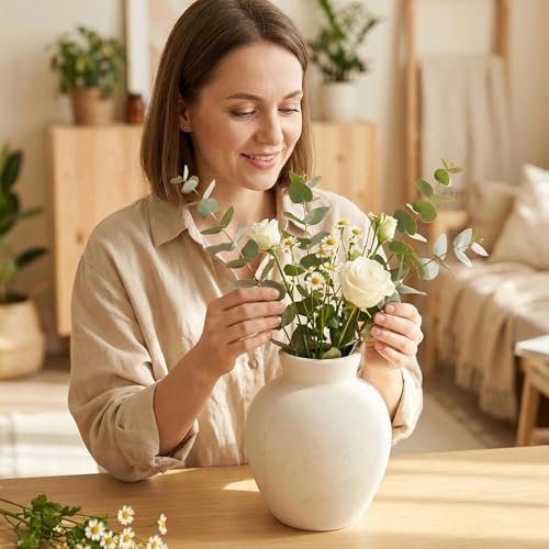Rustic Terracotta Pot, Off-White Ceramic Flower Vase 6.1 Inch, Farmhouse Boho Centerpiece for Home Decor, Living Room, Table, Shelf, Mantel & Bathroom - Image 7