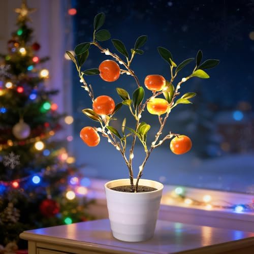 LED Orange Tree Lamp, 20.4" Lighted Artificial Orange Plant with Warm Glow by Hibeauti