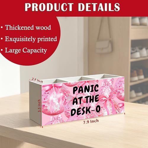 Funny Office Humor Pen Pencil Holder Organizer, Pink Office Desks Decor Accessories, Panic at the Desk-o Funky Y2K Pink Disco Ball Wood Signs for Cubicle Workplace Desk Tabletop Decor - Image 6