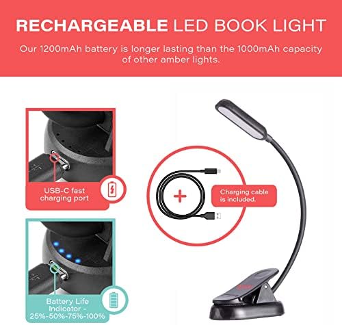 hooga Amber Book Light – Blue Light Blocking Reading Light for Bed, Stepless Dimming, Rechargeable Clip-On Night Light, 1600K Amber & 625nm Red LED for Night Reading - Image 4