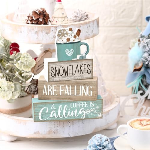 Moucuny 4 Pcs Wooden Block Signs Farmhouse Table Decor Winter Coffee Cup - Image 2