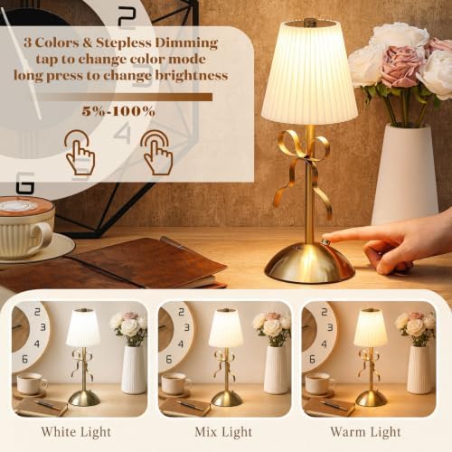 Liliful 2 Pcs Cordless Table Lamp LED Touch, Gold, Beige Cloth Style Bow - Image 4