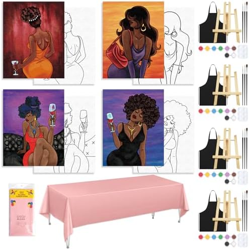 4 Pack Sip and Paint Kit for Adults Pre Drawn Canvas for Painting Pre Printed Stretched Canvas DIY Art Party Set Date Night Girls Game (Chic Lady,8x10 Inches) by VOCHIC