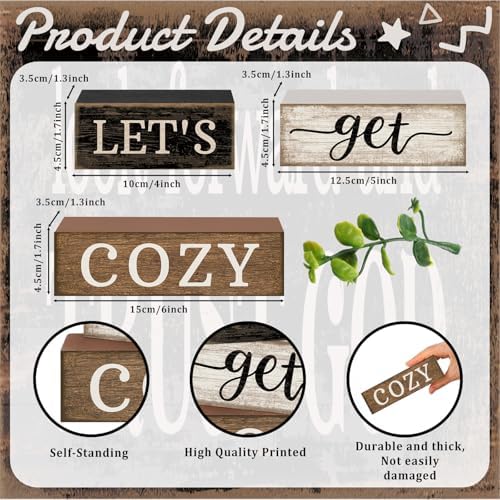 Moucuny 4 Pcs Farmhouse Table Decor Inspirational Wood Signs Let's Get Cozy - Image 2