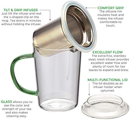 casaWare 18-Ounce Borosilicate Glass Tea Infuser Mug with Lid (Green Handle) - Image 3
