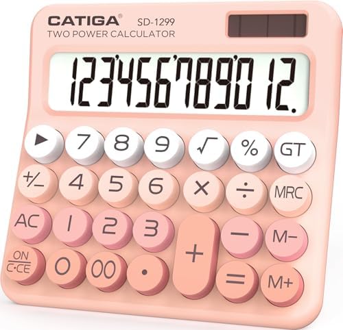 CATIGA Mechanical Switch Calculator with Solar and Battery Dual Power, 12-Digit Large LCD Display, Aesthetic and Cute Desktop Calculator with Big Button, for Home, School and Office Use, SD-1299 by CATIGA