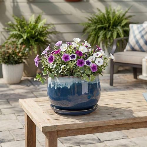 Ceramic Plant Pots, 9 Inch Ceramic Planter with Saucer, Retro Blue - Image 3