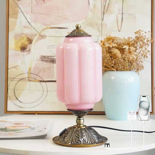 Vintage Pink Milk Glass Touch Bedside Lamp, 3-Way Dimmer, USB-C+A by Unknown