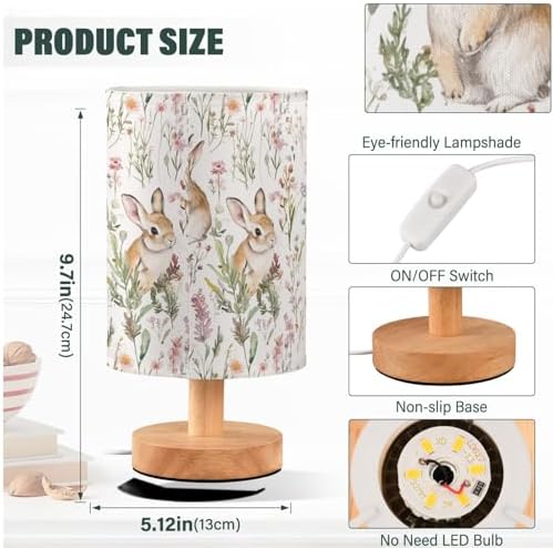 Fustylead Cute Rabbits Wild Flower Rabbit Bedside Table Lamps with USB Port for Bedroom LampSmall Nightstand Lamp Sturdy Linen Shade Wooden Base Decorative Lamps for Nursery Kids Reading Dorm Home - Image 4