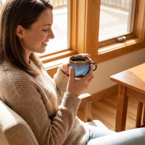Japanese Tea Cups Set of 4pcs, 7oz Elegant Ceramic Matcha Cups with Flat Base, Darker Coffee Mugs,teacup with handle Microwave & Dishwasher Safe Navy blue - Image 3