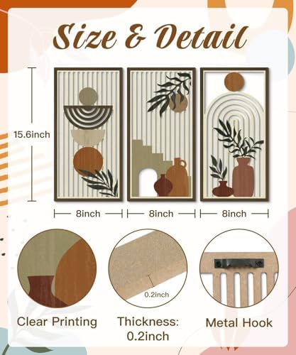 Putuo Decor Boho Wall Art Set of 3, Abstract Geometric Wooden Wall Decor, Mid-Century Modern Aesthetic Artwork with Arch, Vase & Botanical Design for Living Room, Bedroom, Office, 16.5 x 8.6 Inch - Image 2