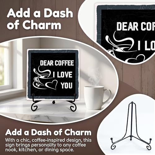 Coffee Bar Sign, Dear Coffee I Love You Quote Sign, 5x5 Wood Plaque with Iron Stand, Kitchen Cafe Tabletop Decor – A02 - Image 3