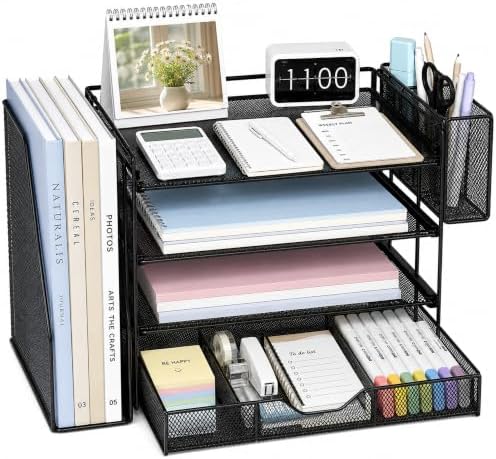 4-Tier Desk File Organizer with Drawer & Pen Holder (Black) by Illuminatinglifewiththewarmthandloveoflight