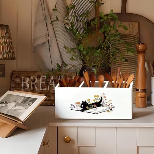 Black Cat Pen Holder, Book Lovers Reader Gifts Pencil Holder for Desk, Black Cat Lovers Gifts for Women, Floral Book Wooden Box Sign Decorations for Reading Room Corner Nook Desk Tabletop - Image 6
