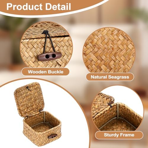Hipiwe Handwoven Wicker Basket Box with Lid Small Seagrass Desk Organizer - Image 6