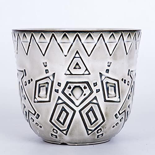 VanEnjoy 5.9 inch Round Bohemian Style Ceramic Planter, Geometry Engrave Off White Brown Succulent Planter Flower Pot, Indoor Outdoor Decorative Planter - Image 3