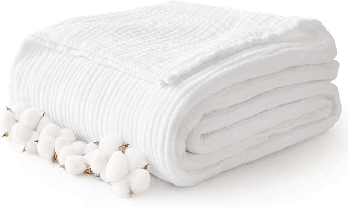 100% Cotton Twin XL Blankets for Bed 66" x 90", Cooling and Soft Muslin Throw Blanket, Soft Boho Coverlet Bedspread, Gauze Bedding for Adults All Season, White