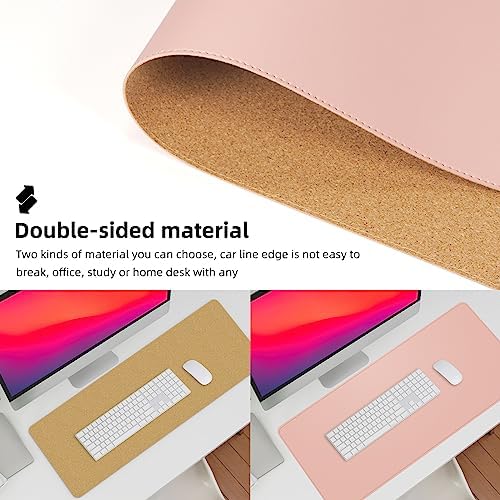 AFIING Large Desk Mat 47.2" x 17.5", Leather Desk Pad Protector with Natural Cork & PU Leather, Non-Slip Office Desk Mat, Double-Sided Mouse Pad, Waterproof Large Desk Pad for Office and Home (Pink) - Image 3
