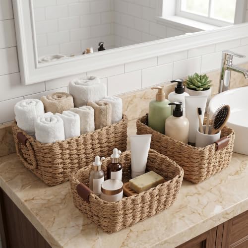 3 Pcs Woven Storage Basket, Multi Size Paper Rope Small Wicker Basket Storage Bins, Small Bathroom Baskets for Organizing Shelves, Cabinet, Pantry, Living Room, Wedding Bathroom - Brown - Image 7