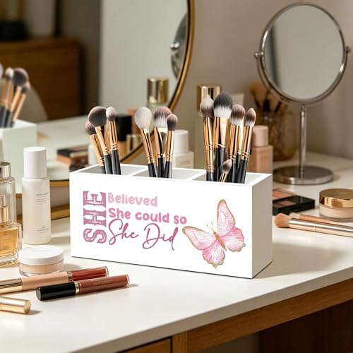 She Believed She Could So She Did Pen Pencil Holder Organizer for Desk, Inspirational Gifts for Women Friends, Graduation Gifts for Women Her, Pink Butterfly Wood Signs Desk Accessories - Image 3