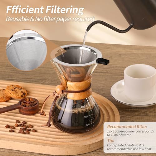 Pour Over Coffee Maker 14 OZ, 4 Cup Borosilicate Glass Drip Coffee Maker with Reusable Stainless Steel Filter and Cork Grip for Home Café 400 ML - Image 4