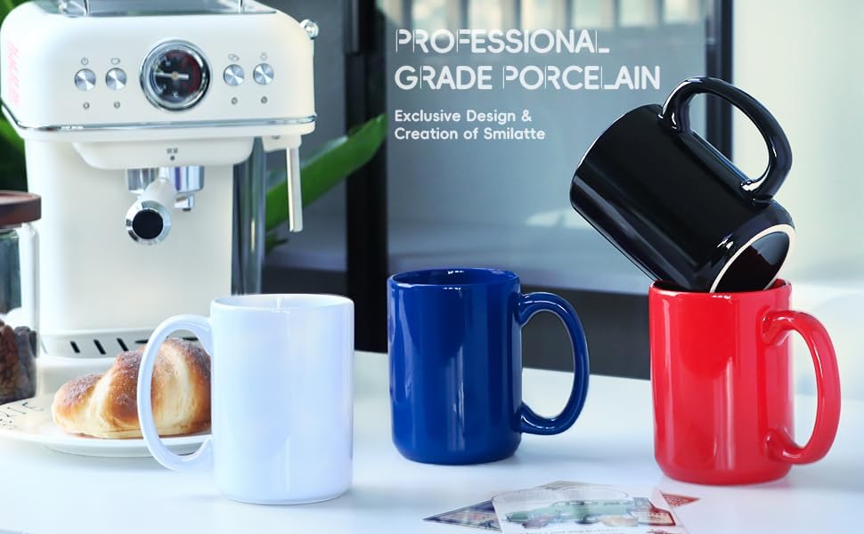 15 OZ Coffee Mug, Classic Blank Ceramic Cup with Large Handle for Tea Latte Cappuccino, White - Image 7