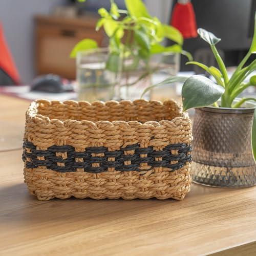 Small baskets for Organizing,Cute woven Storage basket with recycled paper rope for Shelves Bathroom,Little decorative basket,Set of 3 (Desert&Black) - Image 6