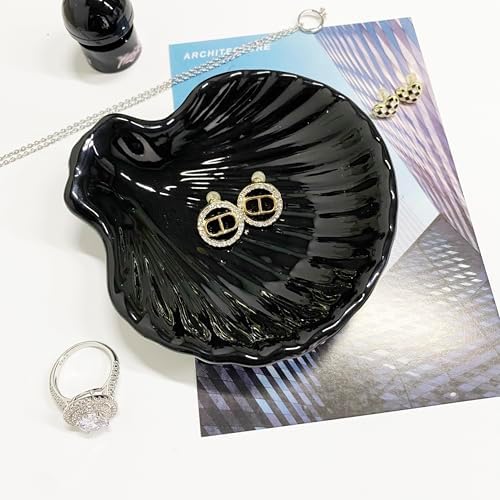 Shell Shape Ring Holder Dish, Seashell Jewelry Dish Tray, Ceramic Trinket Tray for Rings Earrings Necklaces Bracelet, Birthday Mother's Day Christmas Gift for Mom Friend Sister, 3.9", Black - Image 5