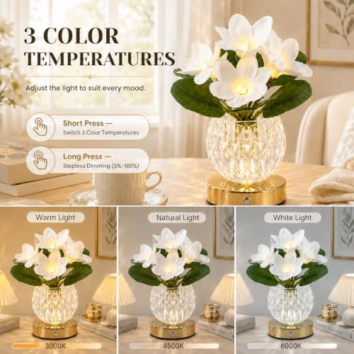 Flower Table Lamp, 3 Colors Touch Dimming Magnolia Glass Night Light, Rechargeable Artificial Flower Light, LED Flower with Vase Lamp Romantic Decor for Date Party Home (White - Magnolia) - Image 3