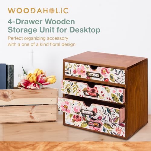 4-Drawer Vintage Desk Wood Storage Box With Drawers in Floral Chintz - Wooden Table Organizer I End Clutter & Dullness, Personalize Your Workspace - Beautiful Flower Design for Office & Home - Image 5