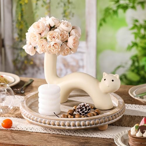 Beige Round Wooden Tray for Decor, Decorative Coffee Table Tray - Image 2