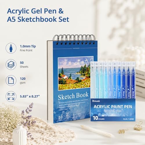 Acrylic Gel Pens for Coloring, 10 Blue Gel Pens with A5 Sketchbook - Image 4