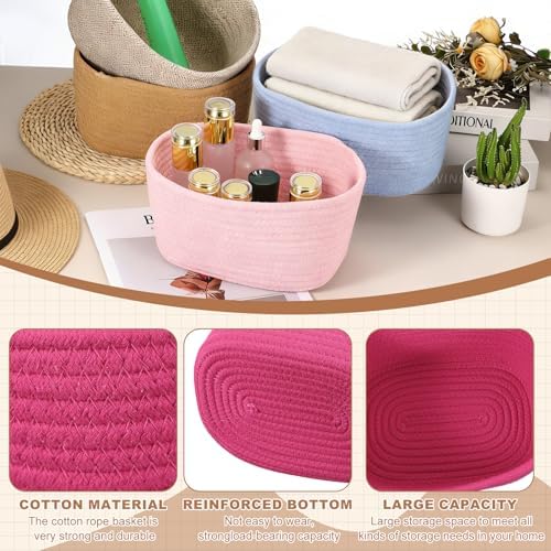 uxcell Small Woven Basket, 8.3x5.9x4.7 Inch Rectangular Rope Basket Decorative Gift Chest Box Cute Mini Woven Storage for Organizing Shelf Storage Bedroom Home Decor, Rose Pink - Image 3