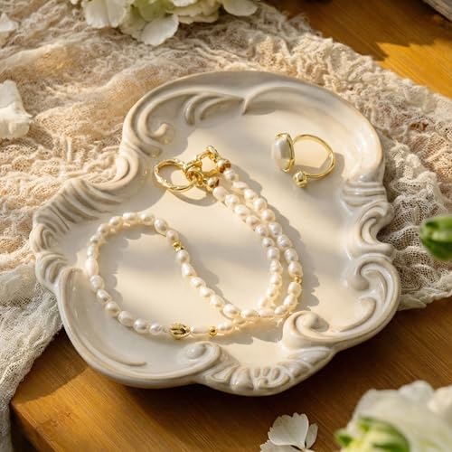 LYEOBOH Jewelry Tray, Ceramic Trinket Dish, Jewelry Dish for Rings Earrings Decorative Trinket Tray, Key Bowl, Retro, Vintage, Friendship Gifts for Mom Sister Birthday Christmas Housewarming, Beige by LYEOBOH